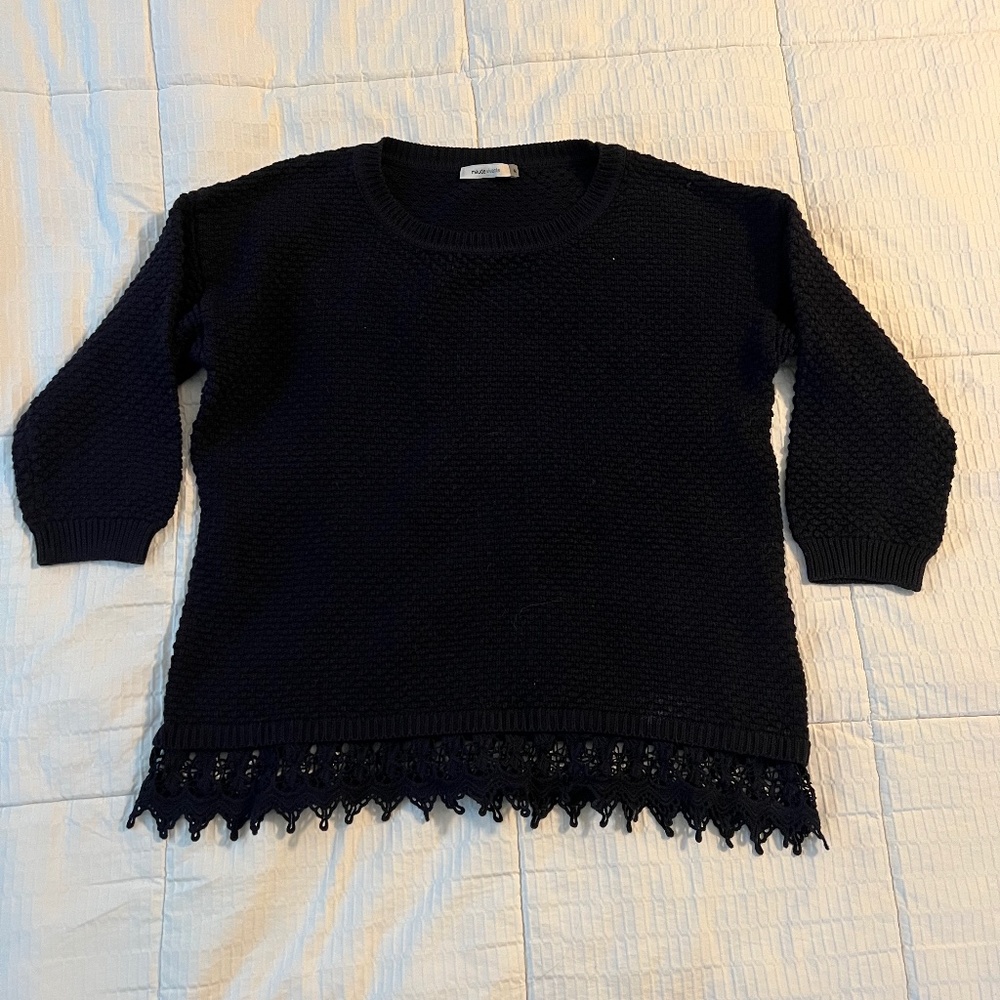 Navy sweater with lacy hem